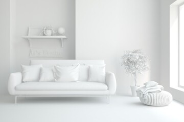 White minimalist living room with sofa. Scandinavian interior design. 3D illustration