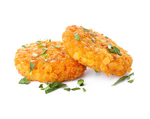 Tasty lentil cutlets on white background
