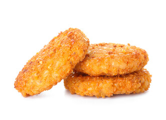 Tasty lentil cutlets on white background