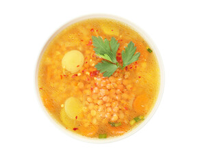 Bowl of tasty lentil soup on white background