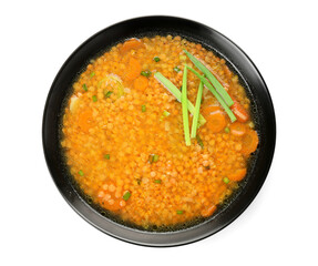 Bowl of tasty lentil soup on white background