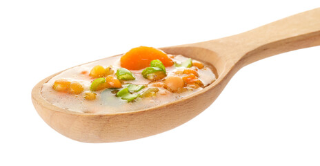 Spoon of tasty lentil soup on white background