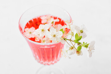 Glass with tasty drink and blooming branches on light background