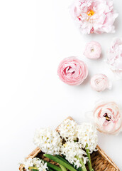 Fototapeta na wymiar frame of flowers top view on a white background 