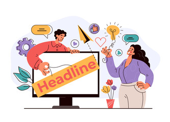 Online web internet presentation headline on computer monitor screen concept. Vector flat modern style design illustration