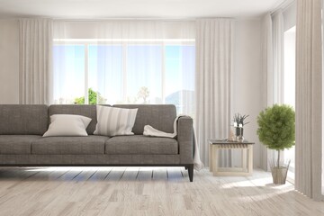 White living room with sofa. Scandinavian interior design. 3D illustration