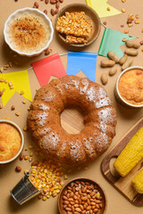 Traditional food for Festa Junina (June Festival) on color background