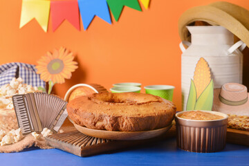 Traditional food for Festa Junina (June Festival) on color background