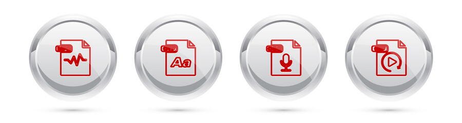 Set line MP3 file document, OTF, OGG and GIF. Silver circle button. Vector