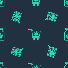 Set line Shopping cart with marijuana, Marijuana or cannabis seeds and Medical bottle on seamless pattern. Vector