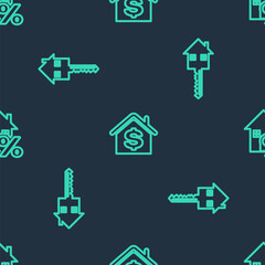 Set line House with dollar, key and percant on seamless pattern. Vector