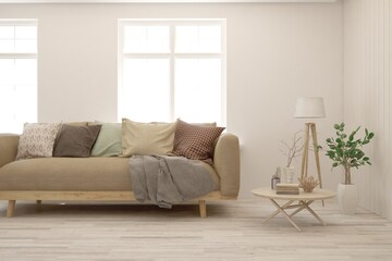 Soft color living room with sofa. Scandinavian interior design. 3D illustration