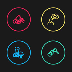 Set line Realtor, House with key, Man dreaming about buying house and Hanging sign Sold icon. Vector