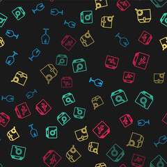 Set line Fragile broken glass, Search package, and Plane and cardboard box on seamless pattern. Vector