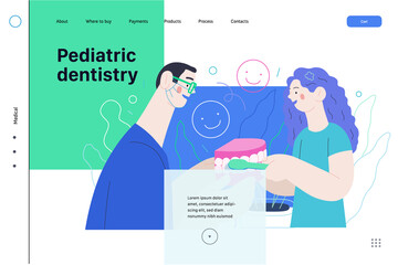 Pediatric dentistry - medical insurance web template. Modern flat vector
