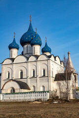 Cathedral of the Nativity of the Most Holy Theotokos of the Suzdal Kremlin. Bogoroditsky Cathedral. To the Mother of God-the Nativity Cathedral. The temple with blue domes with gold stars Suzdal.