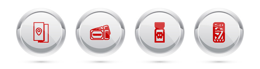 Set line Cover book travel guide, Ticket, Bus ticket and Infographic of city map. Silver circle button. Vector