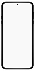 Modern smartphone black color with blank screen isolated on white background vector mockup. Front view of android multimedia mobile phone easy to edit and put your image or text..