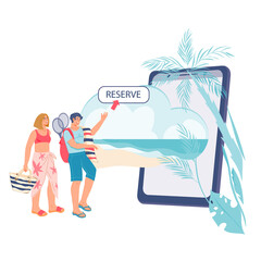 Online booking and resort mobile app concept with young couple arrange their journey and summer vacations through smartphone application, flat vector illustration isolated on white. 