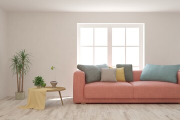 White living room with sofa. Scandinavian interior design. 3D illustration