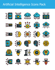 set of artificial intelligence technology icons pack filled outline