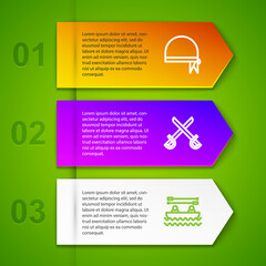 Set line Pirate bandana for head, Crossed pirate swords, Boat with oars and Cannon cannonballs. Business infographic template. Vector