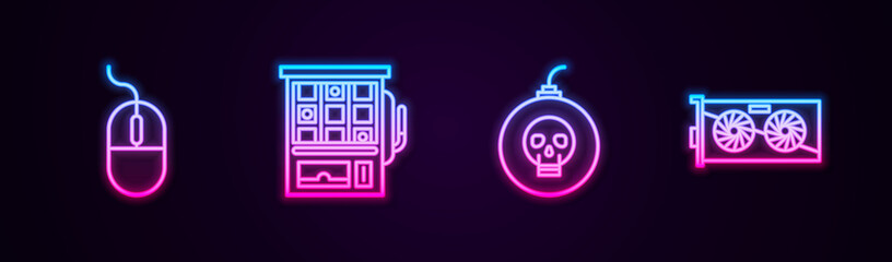 Set line Computer mouse, Slot machine, Bomb ready to explode and Video graphic card. Glowing neon icon. Vector