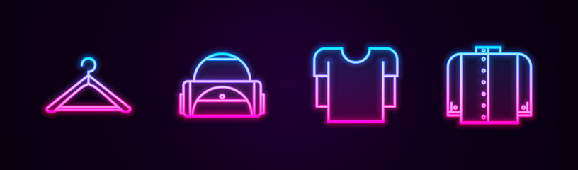 Set line Hanger wardrobe, Sport bag, Long sleeve shirt and T-shirt. Glowing neon icon. Vector
