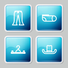 Set line Pants, Sport socks, Hanger wardrobe and Man hat icon. Vector