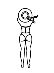 A girl in a sun hat is lying on the beach. Black line drawing on a white background. Design element for printing on clothes, dishes, textiles. Coloring. Vector graphics.