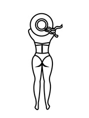 A girl in a sun hat is lying on the beach. Black line drawing on a white background. Design element for printing on clothes, dishes, textiles. Coloring. 