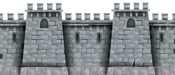 Stone castle wall background, vector seamless brick medieval tower texture, rock city fortification building. Gray kingdom fortress illustration, game design element. Stone wall, loophole, windows © Oleksandra