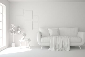 White minimalist living room with sofa. Scandinavian interior design. 3D illustration