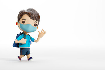 3d character rendering of a cute schoolboy back to school in the covid-19 pandemic with face mask and alcohol spray, isolated on white background.