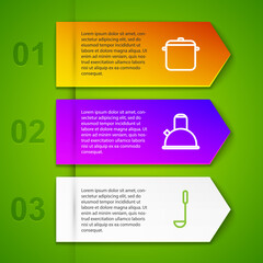Set line Cooking pot, Kettle with handle, Kitchen ladle and Oven. Business infographic template. Vector
