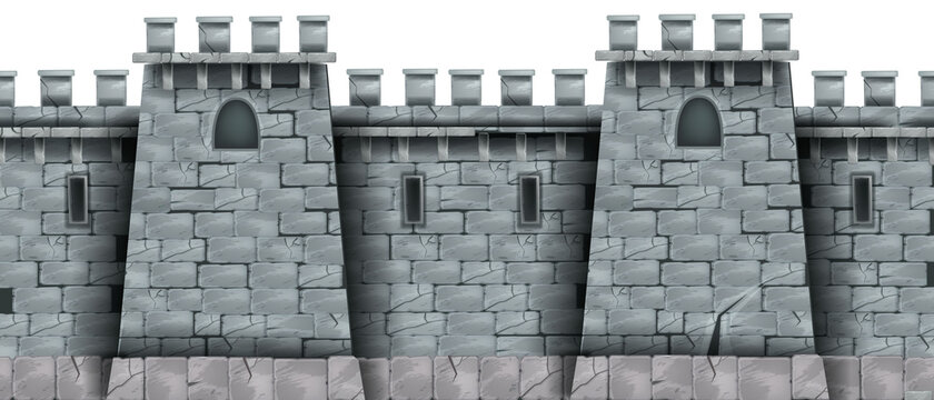 Stone castle wall background, vector seamless brick medieval tower texture, rock city fortification building. Gray kingdom fortress illustration, game design element. Stone wall, loophole, windows