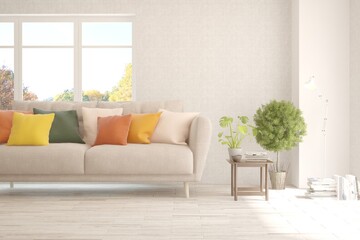 Soft color living room with sofa. Scandinavian interior design. 3D illustration