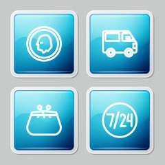 Set line Coin money, Delivery cargo truck vehicle, Wallet and Clock 24 hours icon. Vector