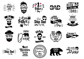 Fathers Day Quotes. Hipster badge for Daddy day. Best Dad ever, Papa Bear typography. Retro hat for Logo. Man with Beard for t-shirt, stickers for gift. Vintage label for greeting cards.