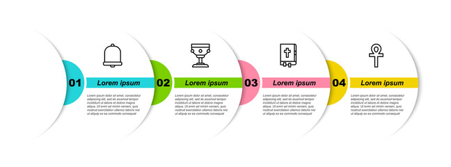 Set line Church bell, Christian chalice, Holy bible book and Cross ankh. Business infographic template. Vector