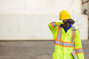 Tired stress worker sweat from hot weather in summer working in port goods cargo shipping logistic...