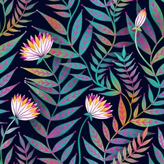 Seamless summer pattern with flowers and leaves on black background.