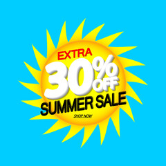 Summer Sale 30% off, discount banner design template, promo tag, extra offer. Shopping poster, vector illustration