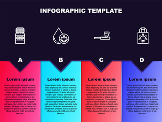 Set line Medical bottle with cannabis, Marijuana or olive oil, Smoking pipe and Shopping paper bag of marijuana. Business infographic template. Vector