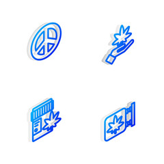 Set Isometric line Marijuana or cannabis leaf, Peace, Medical bottle with marijuana and and store icon. Vector