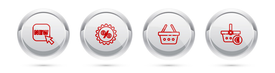 Set line Button with text New, Discount percent tag, Shopping basket and and euro. Silver circle button. Vector