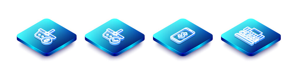 Set Isometric line Shopping basket and dollar, with check mark, Smartphone and building text closed icon. Vector