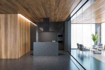 Fototapeta premium Stylish gray and wooden kitchen interior with bar
