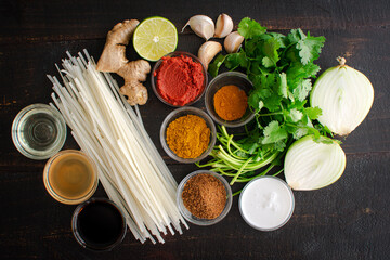 Northern-Style Vegan Thai Coconut Soup Ingredients: Rice noodles, curry powder, coconut milk, and other soup ingredients
