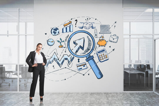 Businesswoman and network communication icons, business process symbols